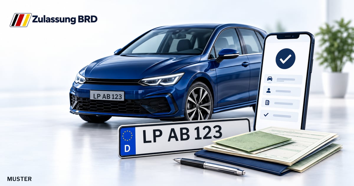 Online Fahrzeugzulassung in Wickede (Ruhr): Musterkennzeichen LP AB 123, Auto und Fahrzeugpapiere und Smartphone. Illustration mit Logo von Zulassung BRD.